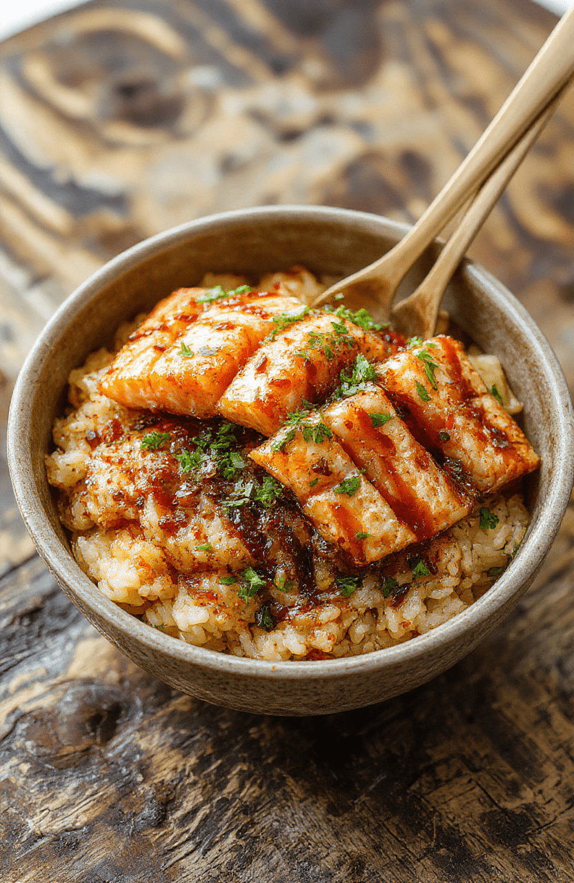 Colorful plate of crispy air fried salmon bites glazed with glossy teriyaki sauce, served over fluffy white rice garnished with green onions and sesame seeds, with a vibrant background of fresh vegetables and a rustic wooden surface.