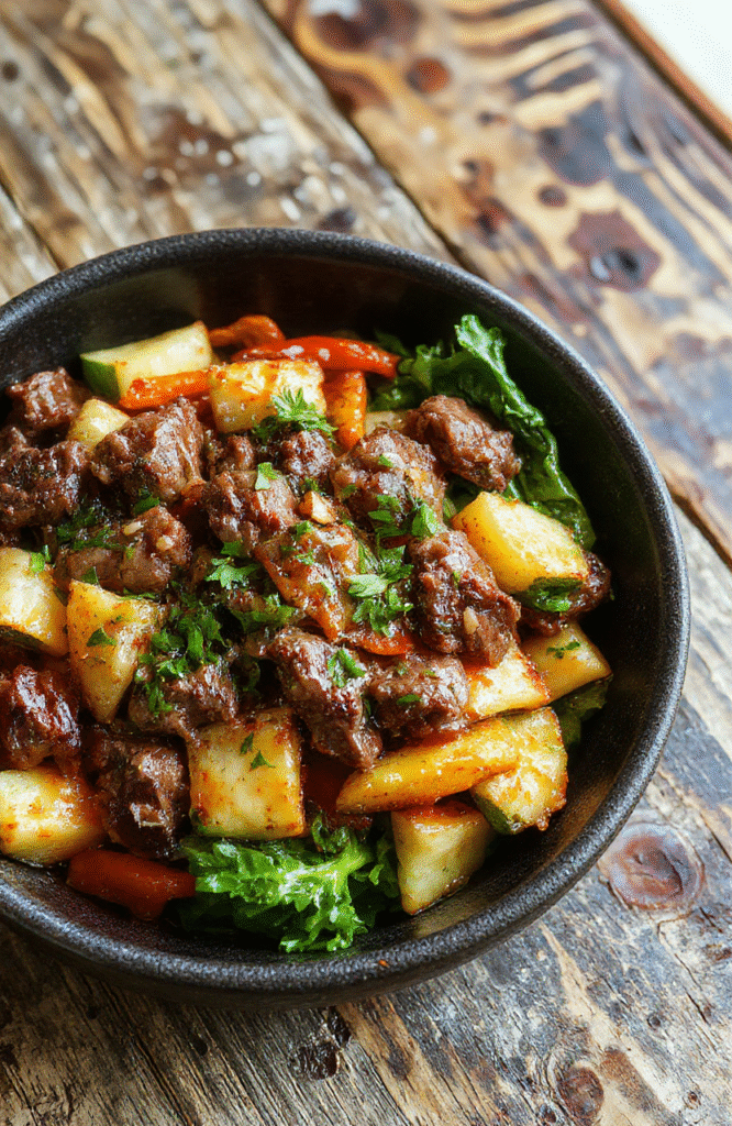 A colorful beef stir fry served on a white plate, featuring tender sliced beef, vibrant bell peppers, broccoli, and snap peas, all coated in a glossy savory sauce, garnished with sesame seeds and chopped scallions, styled with a rustic wooden table background.