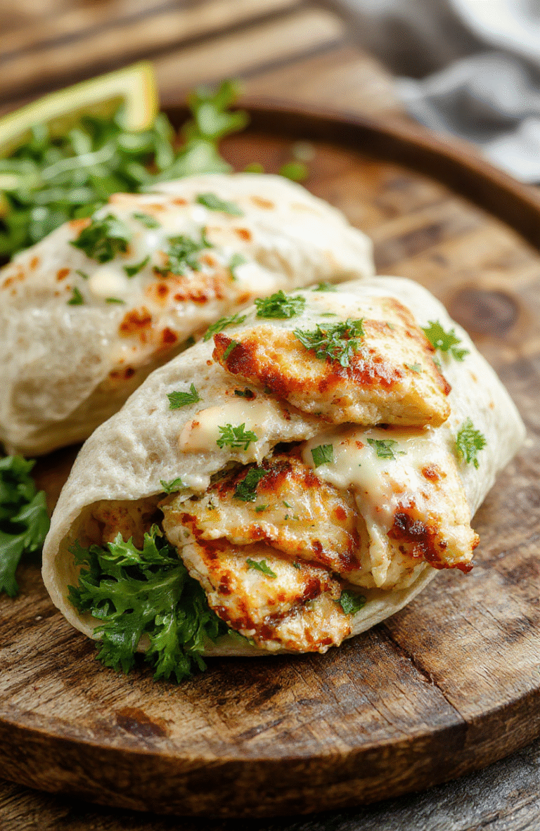A close-up of a fresh Chicken Caesar Wrap sliced open to reveal crispy romaine lettuce, grilled chicken strips, creamy Caesar dressing, and grated Parmesan cheese all wrapped in a toasted flour tortilla. The wrap is placed on a rustic wooden table, styled with a few cherry tomatoes and fresh herbs, with vibrant colors and textural details highlighting the savory fillings.