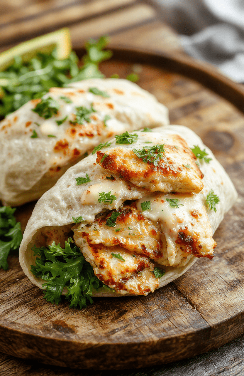 A close-up of a fresh Chicken Caesar Wrap sliced open to reveal crispy romaine lettuce, grilled chicken strips, creamy Caesar dressing, and grated Parmesan cheese all wrapped in a toasted flour tortilla. The wrap is placed on a rustic wooden table, styled with a few cherry tomatoes and fresh herbs, with vibrant colors and textural details highlighting the savory fillings.