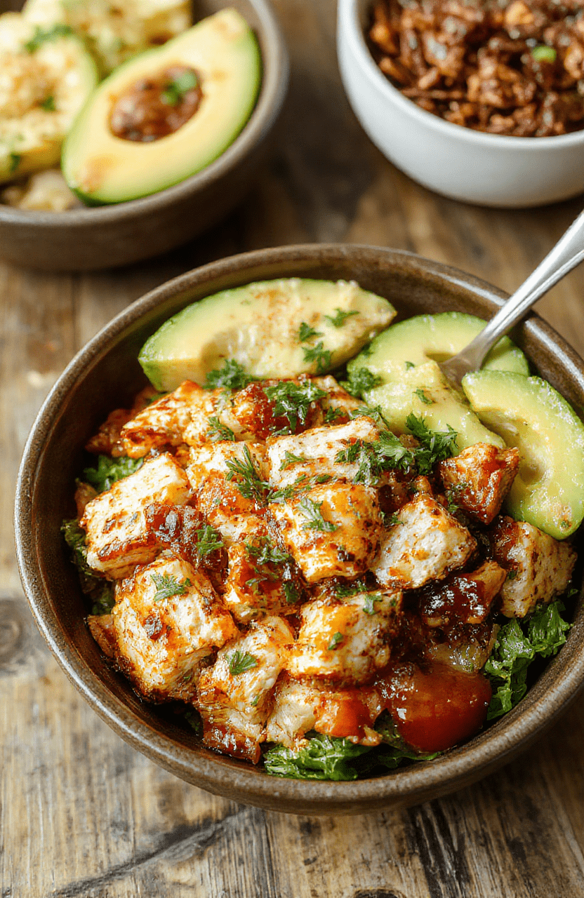 Colorful chicken fajita burrito bowl featuring sliced grilled chicken, vibrant bell peppers, onions, and fresh cilantro on a textured wooden plate with a drizzle of lime and melted cheese, styled for casual appetizing presentation.