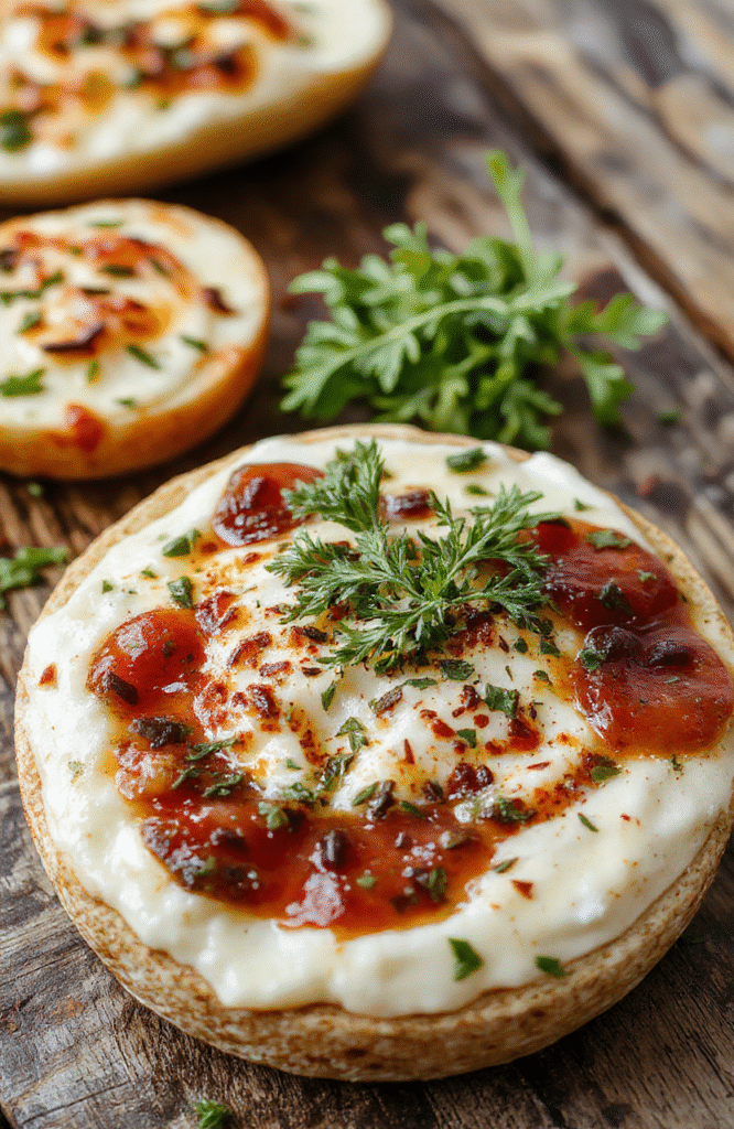A vibrant bowl of Caprese dip topped with fresh basil leaves, cherry tomato slices, and a drizzle of balsamic glaze, served on a rustic wooden platter with crusty bread slices around, highlighting creamy textures and colorful ingredients with a bright, inviting presentation.