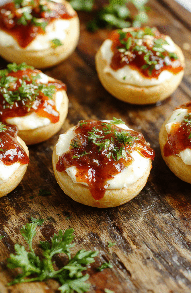 A vibrant plate featuring creamy white cheese topped with glossy red and green pepper jelly, garnished with fresh herbs. The dip is served alongside colorful crackers and sliced baguette on a rustic wooden board, illuminated by natural daylight. The textures of the smooth cheese, shiny jelly, and crunchy crackers create an inviting, festive atmosphere perfect for party settings.
