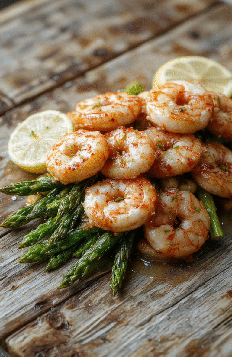 Colorful plate featuring sautéed shrimp and tender asparagus spears drizzled with lemon garlic sauce, garnished with fresh herbs, arranged on a rustic wooden surface with a bright and appetizing presentation.