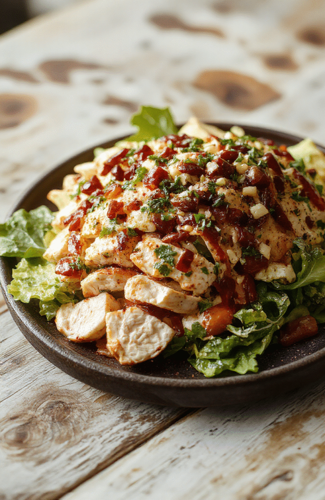 A colorful Southwest chicken salad served in a white bowl, featuring grilled chicken, vibrant bell peppers, corn kernels, black beans, fresh cilantro, and crisp lettuce, drizzled with a creamy dressing, styled on a rustic wooden table with natural daylight illuminating the ingredients.