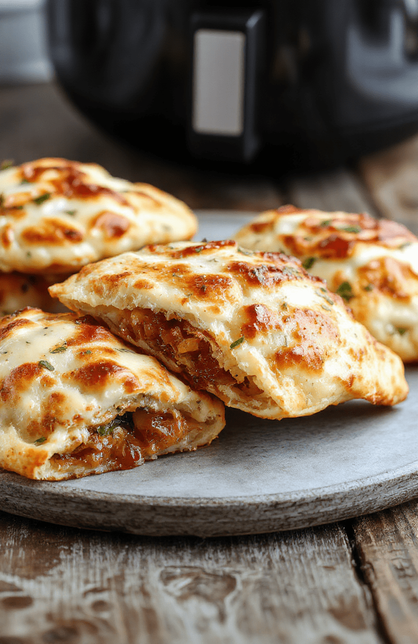 Golden-brown calzones with crispy edges, filled with melted cheese and savory toppings, plated on a rustic wooden surface with a vibrant, appetizing appearance.