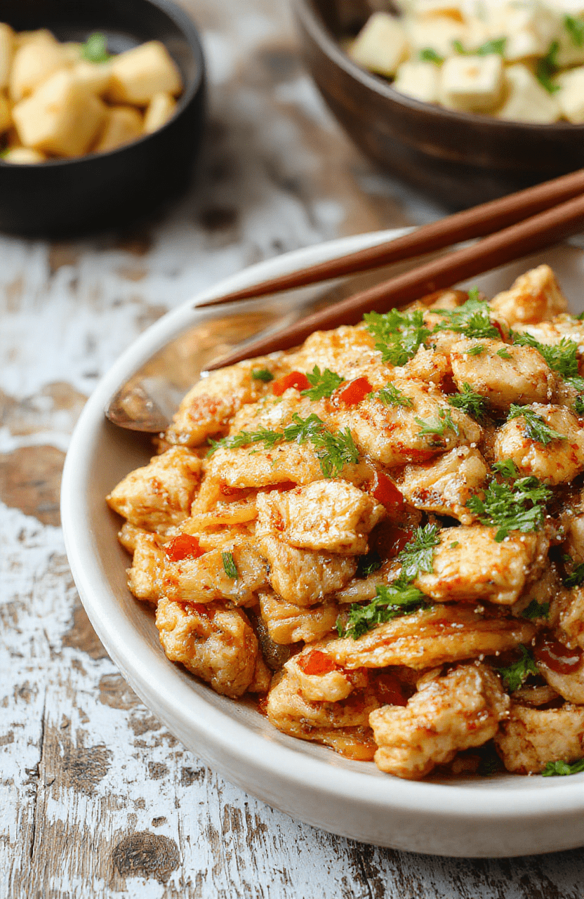 Colorful chicken chow mein served on a white plate with crispy vegetables, glossy noodles, and tender chicken slices, garnished with green onions and sesame seeds, styled with chopsticks on a rustic wooden table.