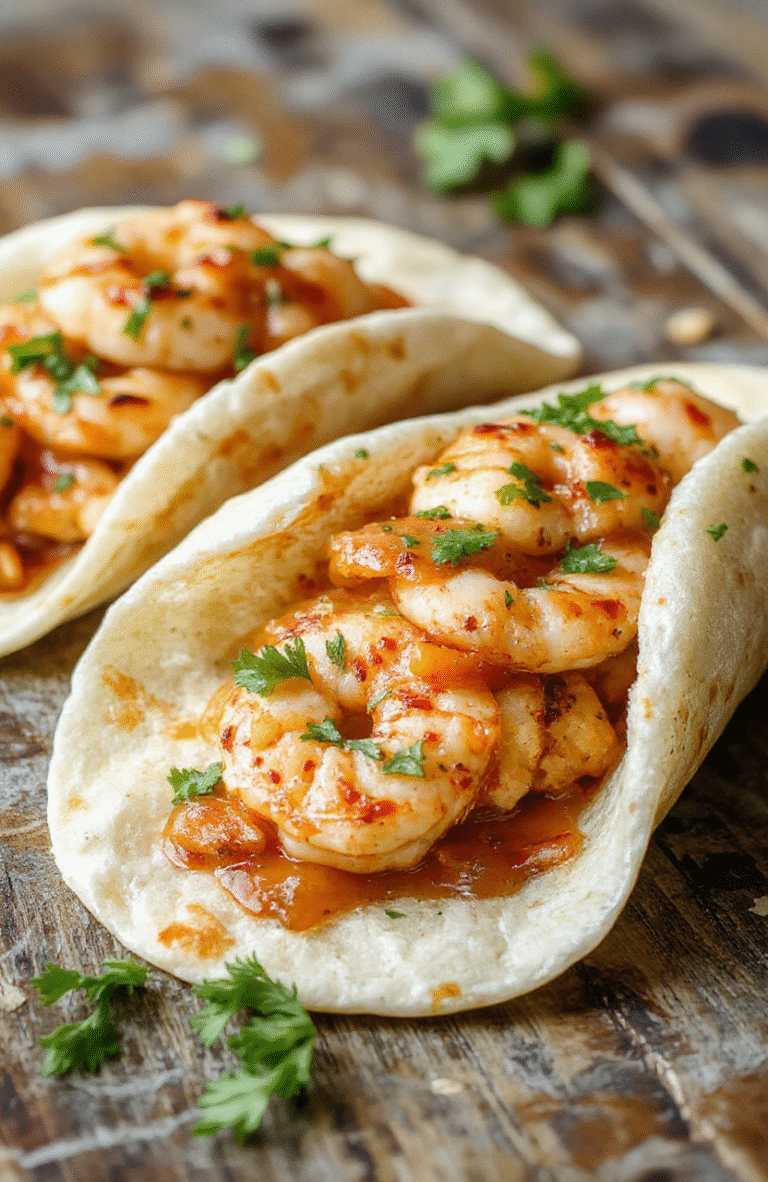 Colorful shrimp tacos arranged on a white plate with fresh cilantro, sliced radishes, and lime wedges. The tacos are filled with grilled shrimp, shredded lettuce, and drizzled with creamy sauce, showcasing vibrant reds, greens, and creamy textures against a rustic wooden table.