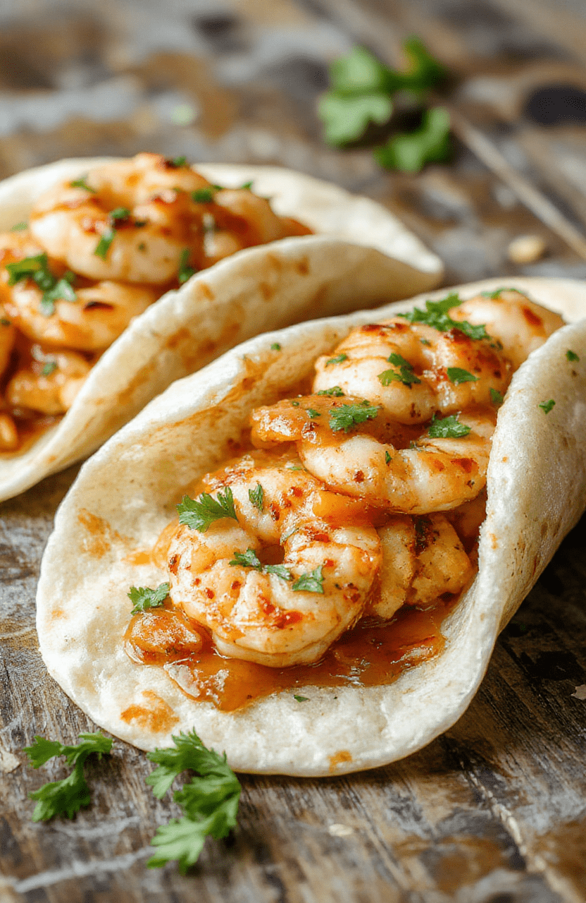 Colorful shrimp tacos arranged on a white plate with fresh cilantro, sliced radishes, and lime wedges. The tacos are filled with grilled shrimp, shredded lettuce, and drizzled with creamy sauce, showcasing vibrant reds, greens, and creamy textures against a rustic wooden table.