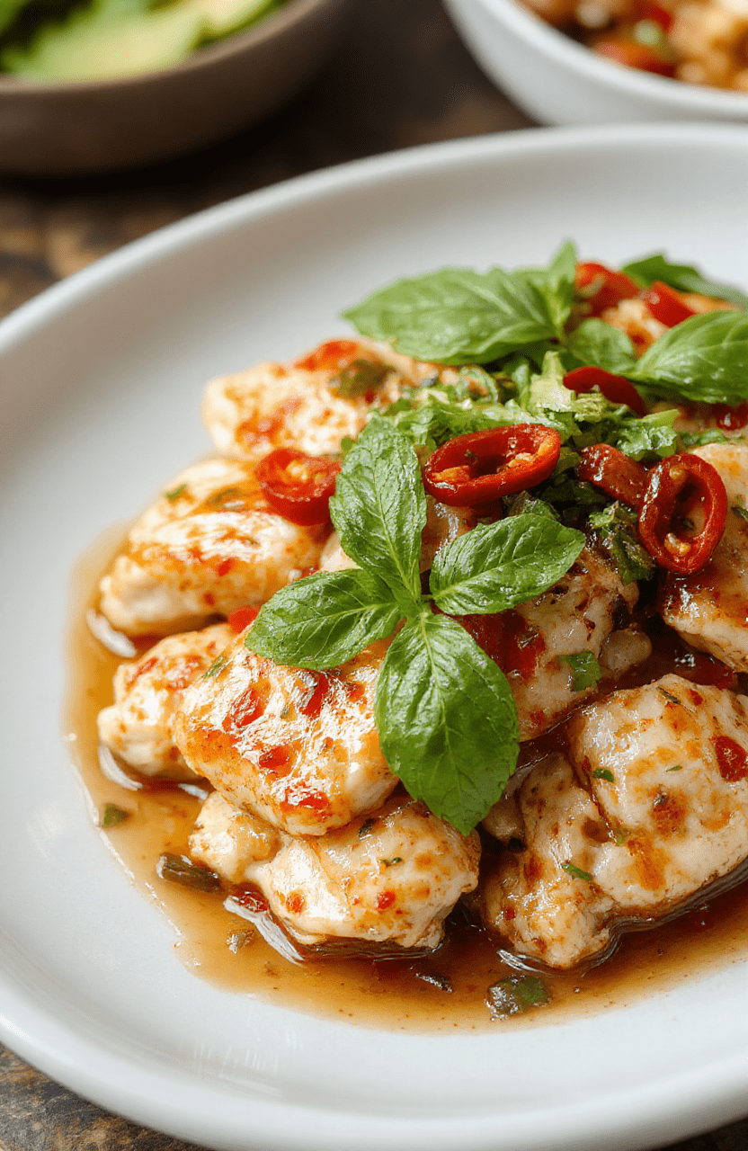A vibrant plate of Thai basil chicken featuring tender chicken pieces cooked with fresh basil leaves, red chili slices, and garlic, all coated in a glossy savory sauce, served on a white ceramic plate with a background of fresh herbs and peppers, styled simply to emphasize the colorful ingredients and juicy textures.