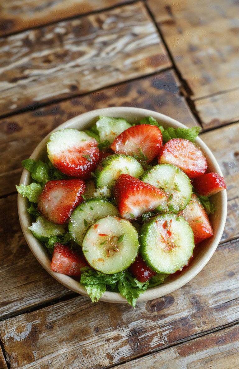 A vibrant summer salad featuring crisp cucumber slices and juicy strawberry halves arranged on a white plate. The salad is garnished with fresh mint leaves and drizzled with a light vinaigrette. Bright red strawberries and green cucumber slices create a colorful contrast with the fresh herbs, all styled on a neutral, rustic wooden table background.