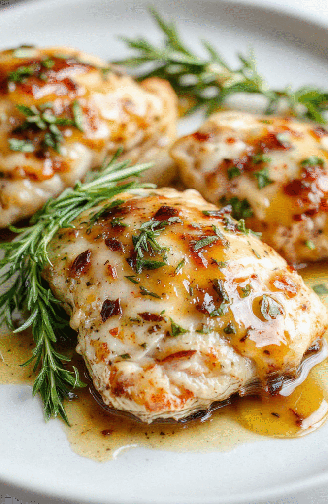 A plate of rosemary chicken drizzled with Dijon mustard sauce, garnished with fresh rosemary sprigs, served alongside roasted vegetables, vibrant colors, glossy sauce, rustic white plate, appealing and appetizing