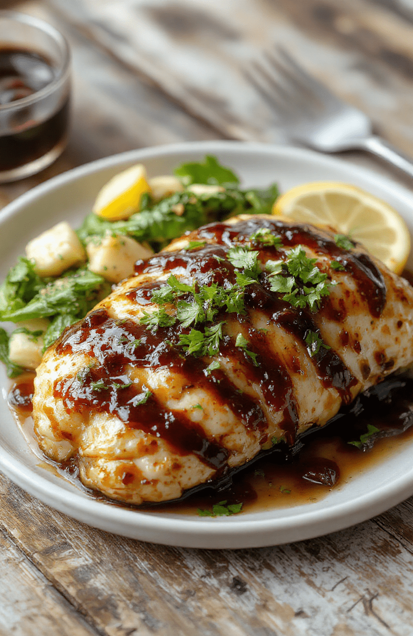 A close-up of a golden-brown baked chicken breast glazed with balsamic reduction, garnished with fresh herbs, served on a white ceramic plate with roasted vegetables in the background, vibrant colors, glossy texture, beautifully styled for a rustic yet elegant presentation.