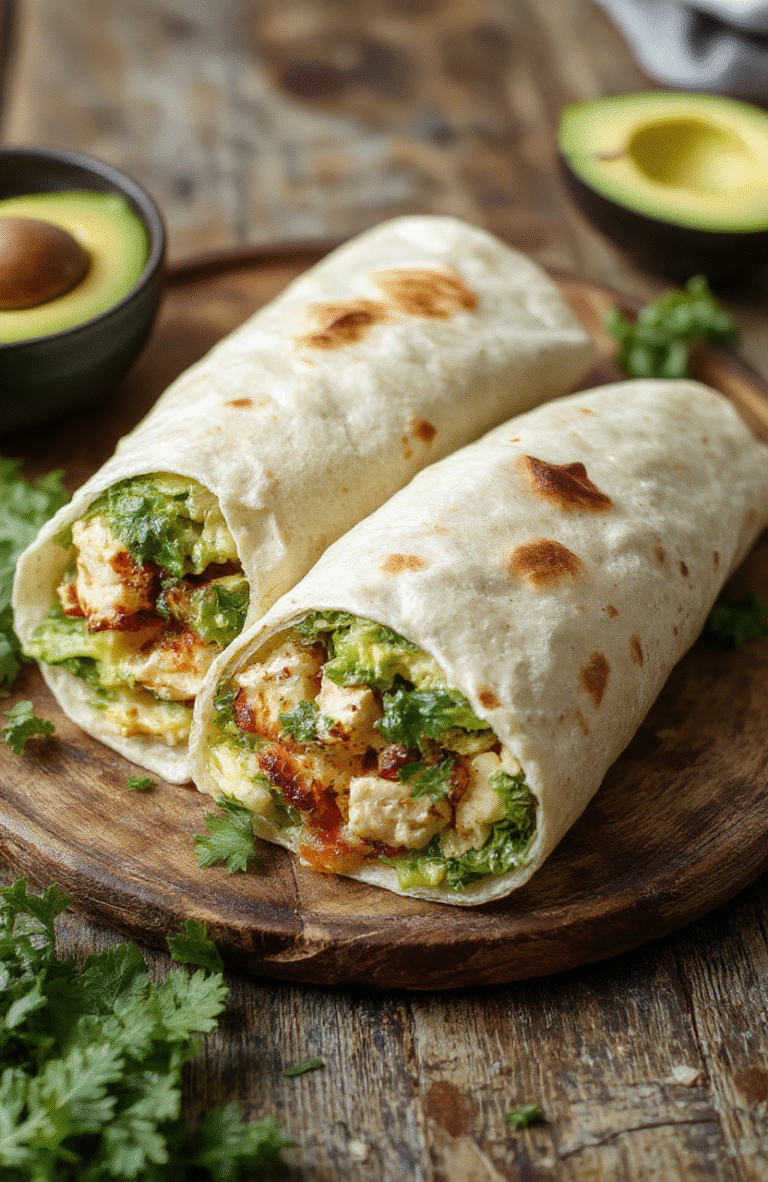 Colorful chicken avocado wrap sliced open to reveal creamy avocado, grilled chicken slices, fresh greens, and vibrant vegetables, all wrapped in a soft tortilla, styled on a rustic wooden plate with a light background, inviting and fresh appearance.