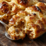 A warm, golden loaf of bread pudding sliced open to reveal a creamy, custard-soaked interior, topped with a sprinkle of cinnamon and powdered sugar, served on a rustic white plate with a drizzle of caramel sauce, styled with a cozy cloth napkin and a vintage spoon.