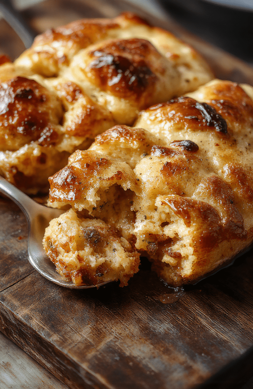 A warm, golden loaf of bread pudding sliced open to reveal a creamy, custard-soaked interior, topped with a sprinkle of cinnamon and powdered sugar, served on a rustic white plate with a drizzle of caramel sauce, styled with a cozy cloth napkin and a vintage spoon.