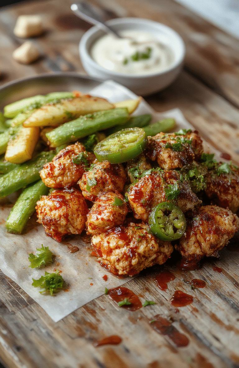 A vibrant plate of jalapeño chicken featuring golden-brown grilled chicken topped with slices of fresh green jalapeños and a sprinkle of chopped cilantro, served on a rustic wooden table with colorful side vegetables and a lime wedge, capturing the textures of crispy chicken and spicy peppers.