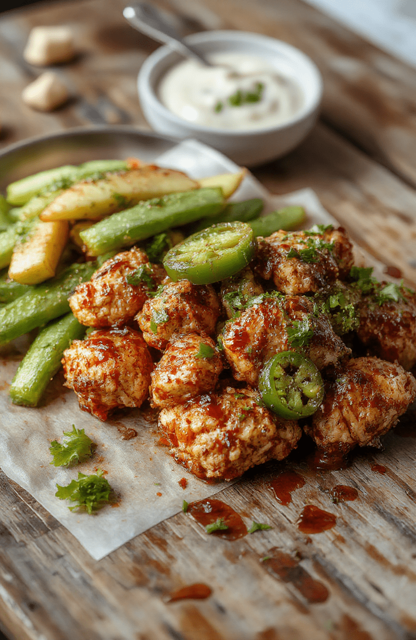 A vibrant plate of jalapeño chicken featuring golden-brown grilled chicken topped with slices of fresh green jalapeños and a sprinkle of chopped cilantro, served on a rustic wooden table with colorful side vegetables and a lime wedge, capturing the textures of crispy chicken and spicy peppers.
