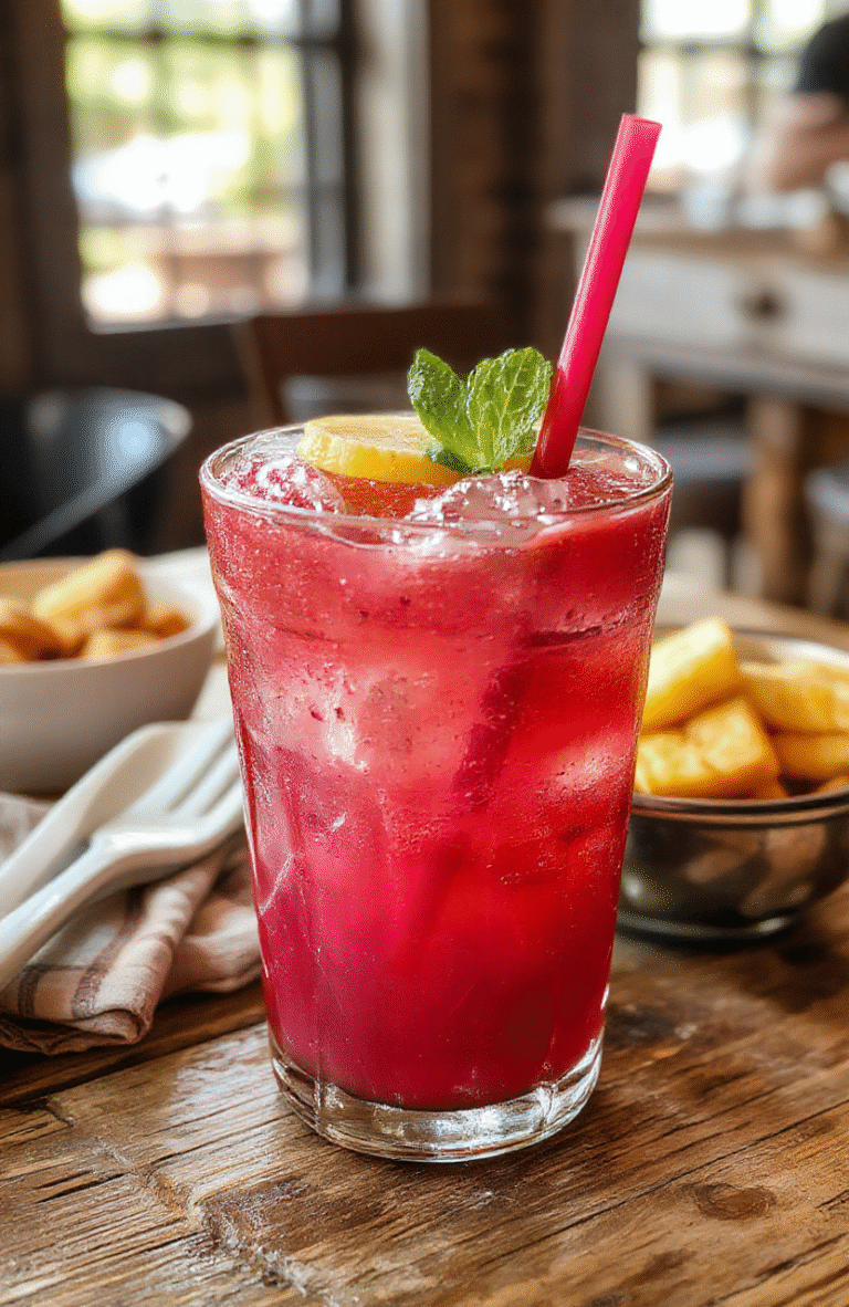 A vibrant pink Starbucks Pink Flamingo Refresher served in a clear glass, garnished with fresh fruit slices and a colorful straw, set on a bright summer-themed table with a blurred outdoor background. The drink's smooth, icy texture is prominent, highlighting the refreshing appeal of this tropical-inspired beverage.