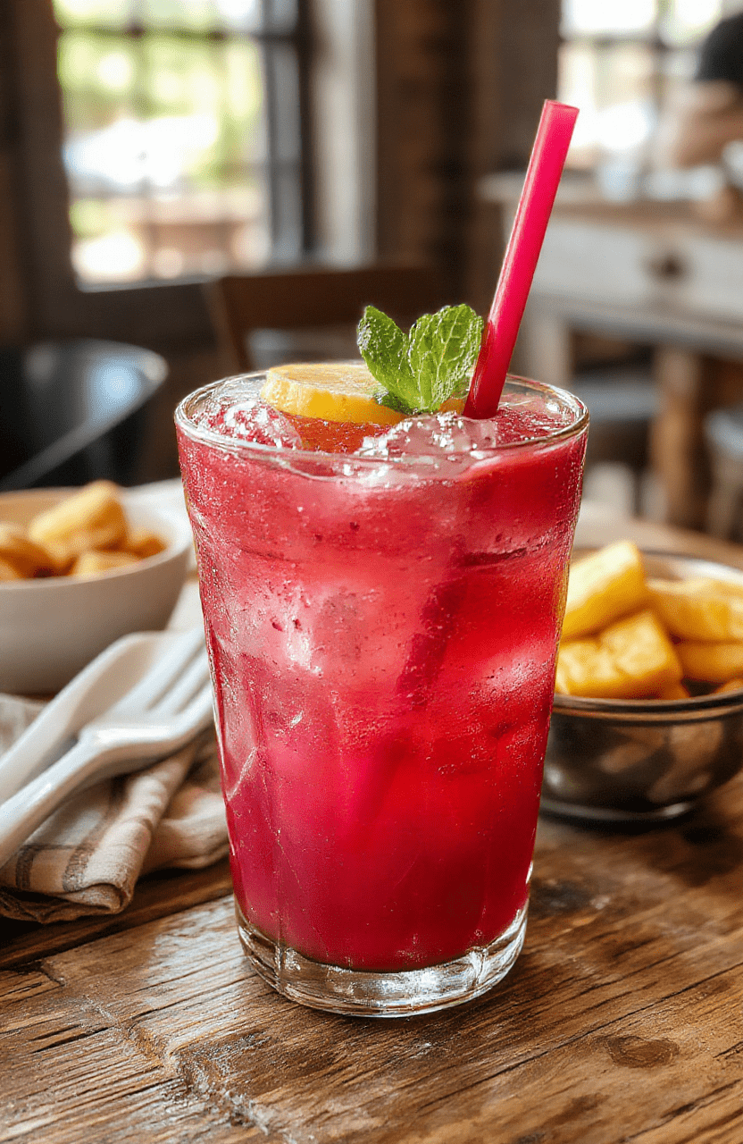 A vibrant pink Starbucks Pink Flamingo Refresher served in a clear glass, garnished with fresh fruit slices and a colorful straw, set on a bright summer-themed table with a blurred outdoor background. The drink's smooth, icy texture is prominent, highlighting the refreshing appeal of this tropical-inspired beverage.