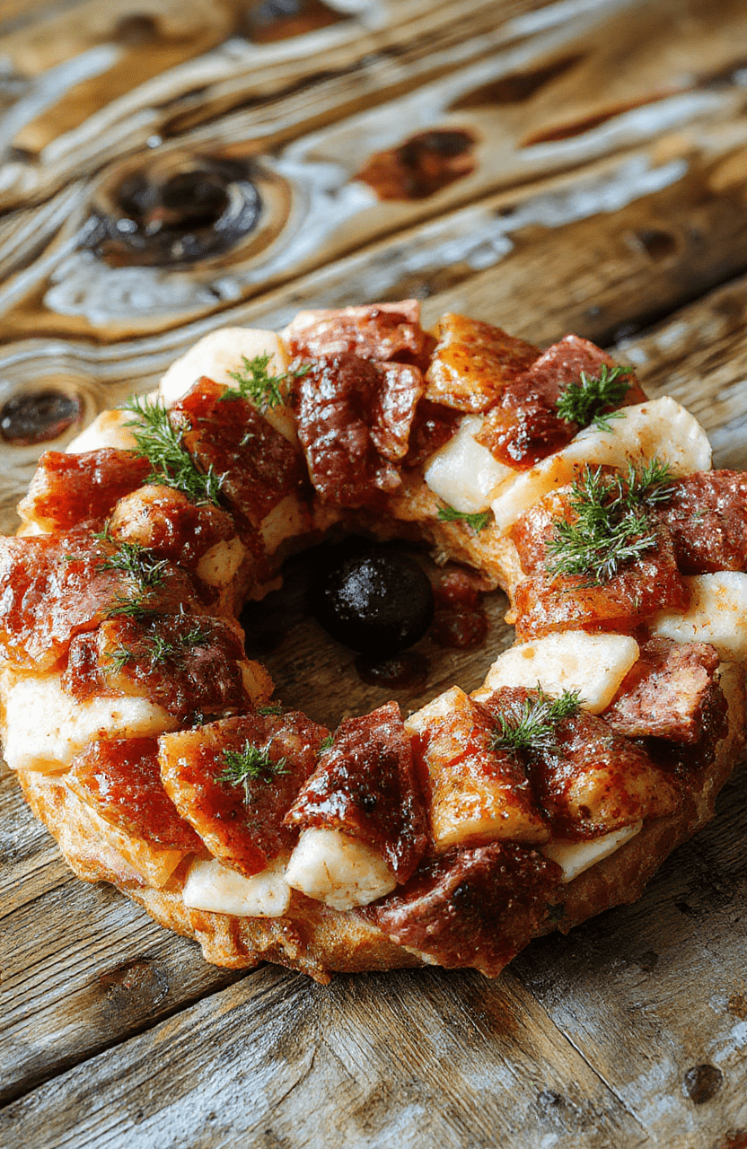 Colorful charcuterie wreath arranged on a neutral wooden platter, featuring assorted cured meats, cheeses, fresh fruits, nuts, and herbs, styled artfully with a rustic, picnic-like ambiance, vibrant and inviting textures.