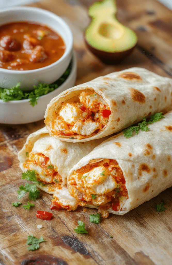 Colorful chicken wraps drizzled with sweet chili sauce, filled with vibrant vegetables and fresh herbs, presented on a rustic wooden surface with a glossy finish.