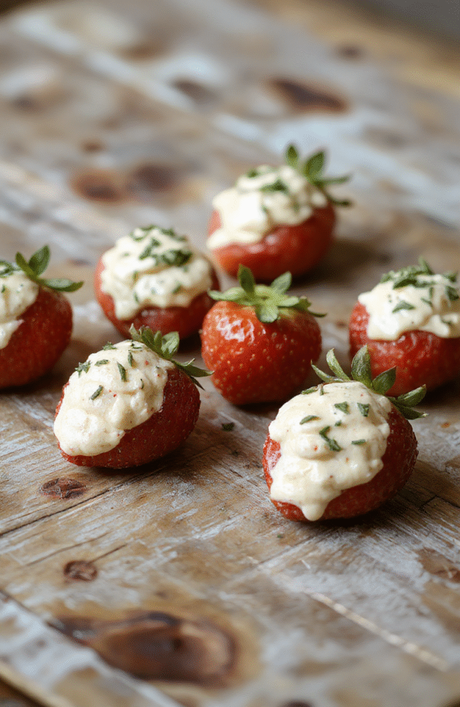 Colorful deviled strawberries arranged on a white platter, topped with creamy filling and a sprinkle of crushed cookies, vibrant red strawberries contrasted with white filling, styled with fresh mint leaves for a fresh look on a rustic wooden surface.