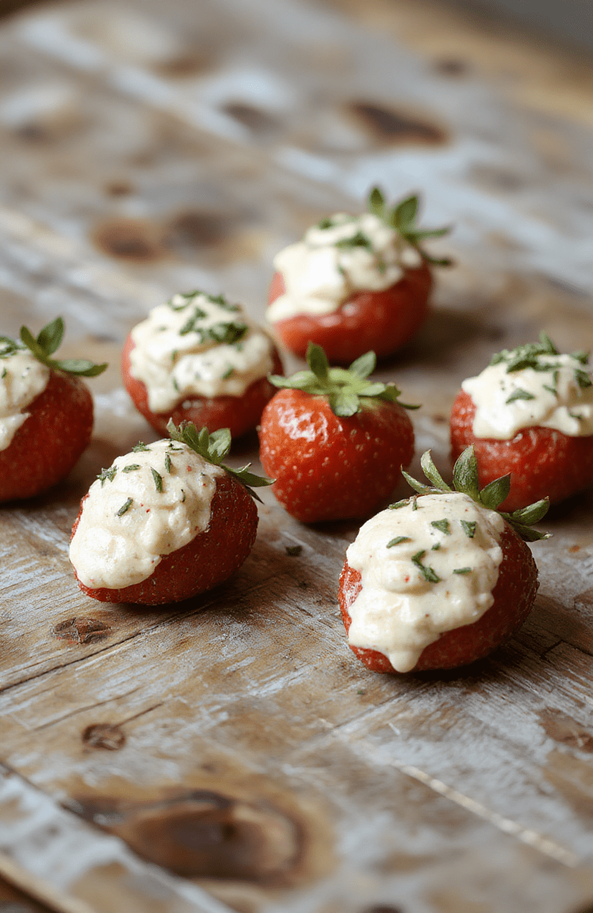 Colorful deviled strawberries arranged on a white platter, topped with creamy filling and a sprinkle of crushed cookies, vibrant red strawberries contrasted with white filling, styled with fresh mint leaves for a fresh look on a rustic wooden surface.