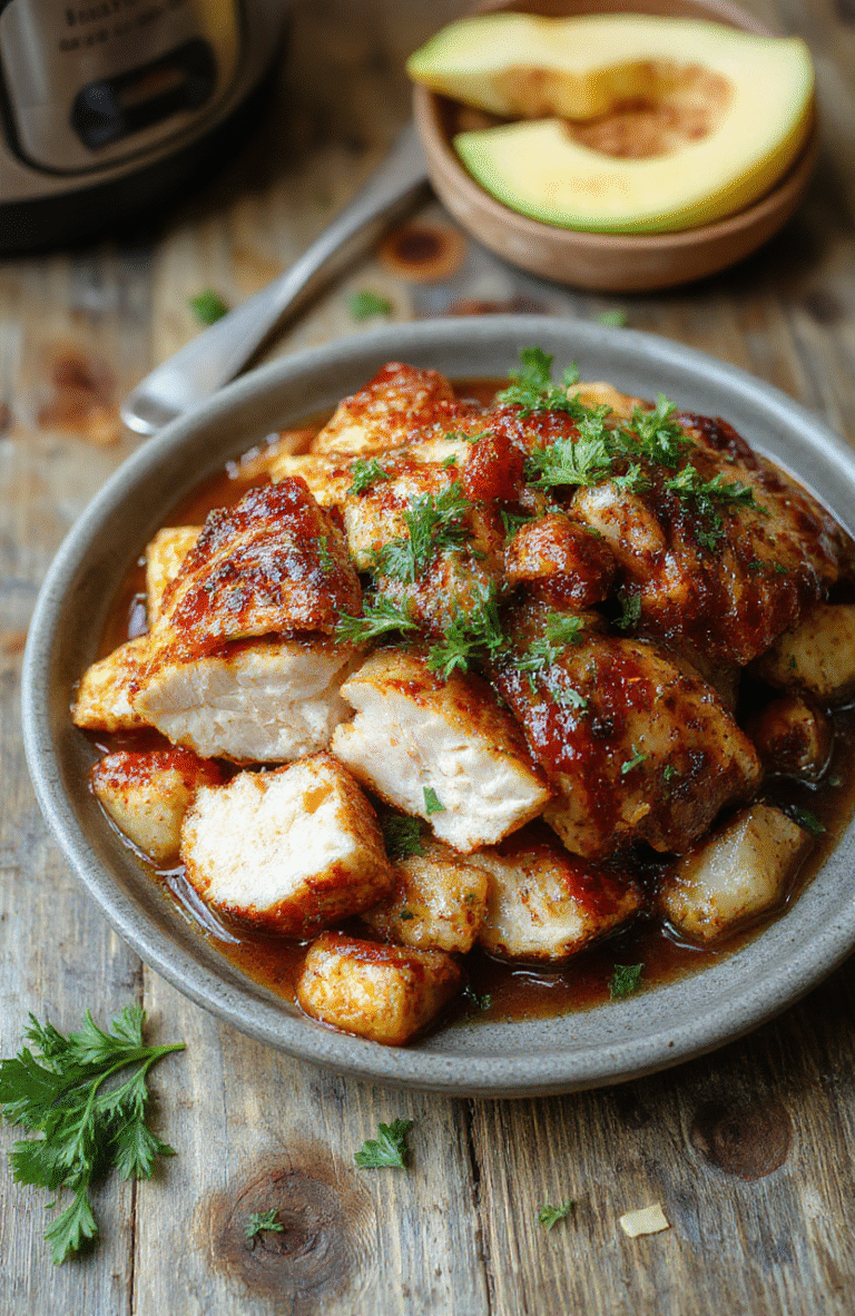 Colorful platter of tender shredded chicken coated with a glossy sweet Hawaiian glaze, pineapple chunks, and garnished with green onions, arranged on a rustic wooden table with a tropical vibe, styled for a cozy family dinner.