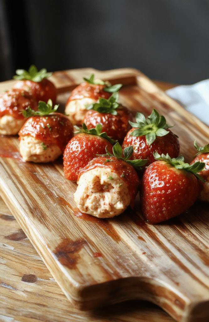 Colorful platter of deviled strawberries with creamy filling, topped with chopped nuts and herbs, arranged on a rustic wooden tray, vibrant red strawberries contrasted with white filling and garnishes, styled with fresh mint and edible flowers, textured surfaces highlighting the glossy berries and smooth filling.