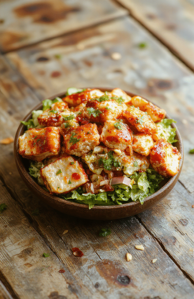 A vibrant plate featuring shredded chicken coated in glossy honey and spicy chili glaze, topped with crunchy nuts and fresh greens, styled with a rustic wooden background and natural lighting highlighting the textures and colors.