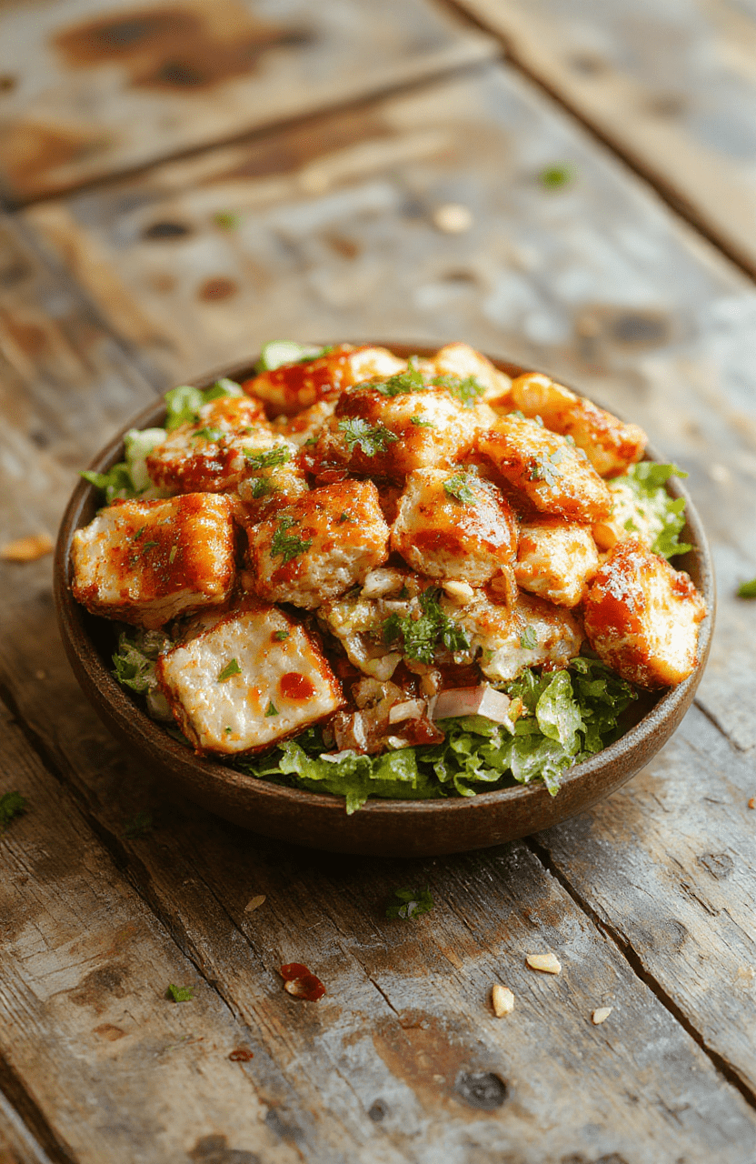 A vibrant plate featuring shredded chicken coated in glossy honey and spicy chili glaze, topped with crunchy nuts and fresh greens, styled with a rustic wooden background and natural lighting highlighting the textures and colors.