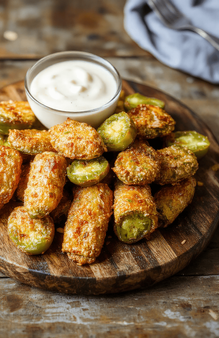 Vibrant green and red jalapeños filled with creamy cheese, crispy golden breading, arranged on a white ceramic plate with a rustic wooden background, styled with fresh herbs and a dipping sauce on the side, textures of crispy exterior and melty interior showcased.
