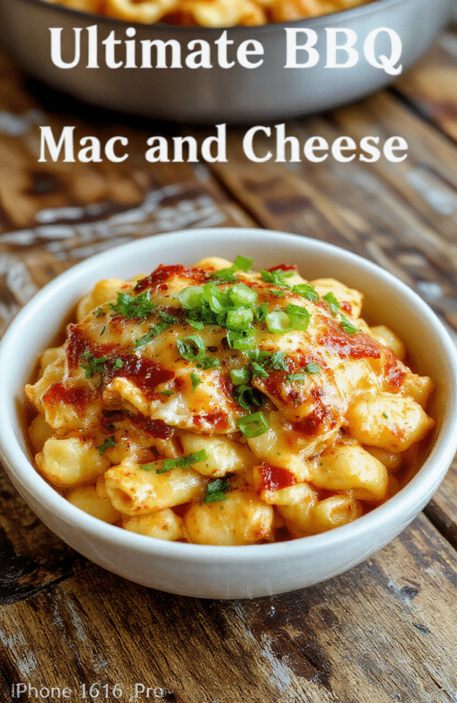 A vibrant, creamy mac and cheese dish topped with tender BBQ chicken pieces, melted cheese, and chopped green onions, styled on a rustic wooden table with a golden-brown crust and glossy sauce.