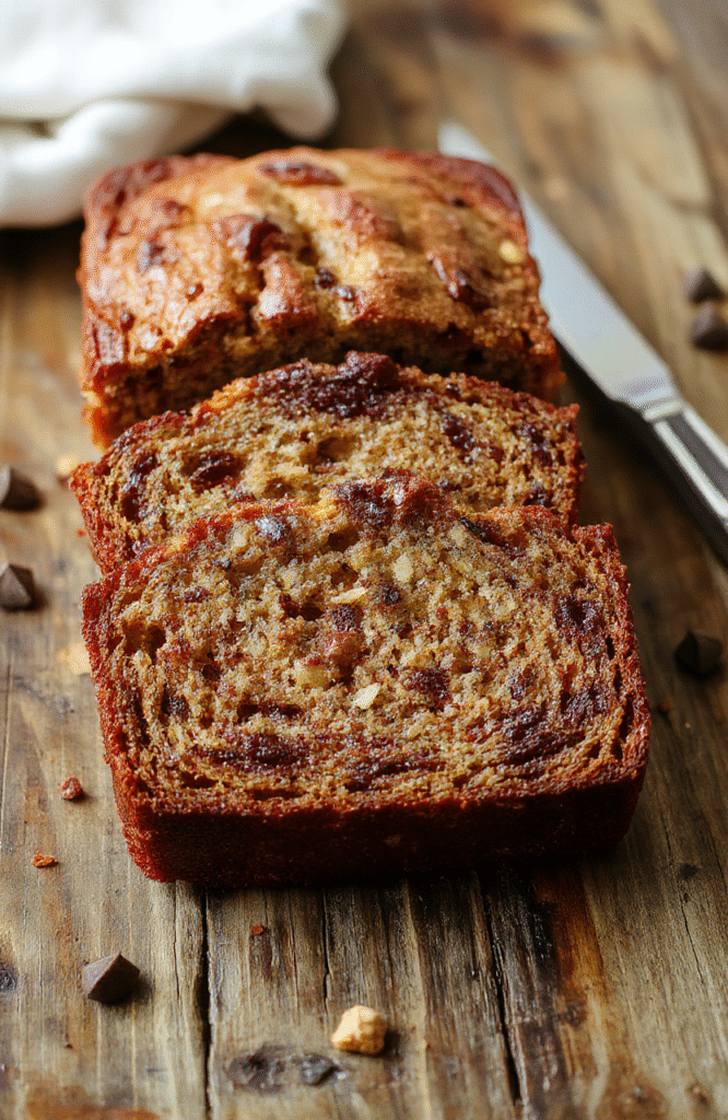 A close-up of a freshly sliced banana bread loaf on a rustic wooden cutting board. The bread has a golden-brown crust, with a moist, tender crumb visible on the sliced edge. The background features a soft, blurred kitchen scene with natural light highlighting the texture of the bread. A few banana slices and a sprig of mint are artistically placed beside the loaf for visual appeal.