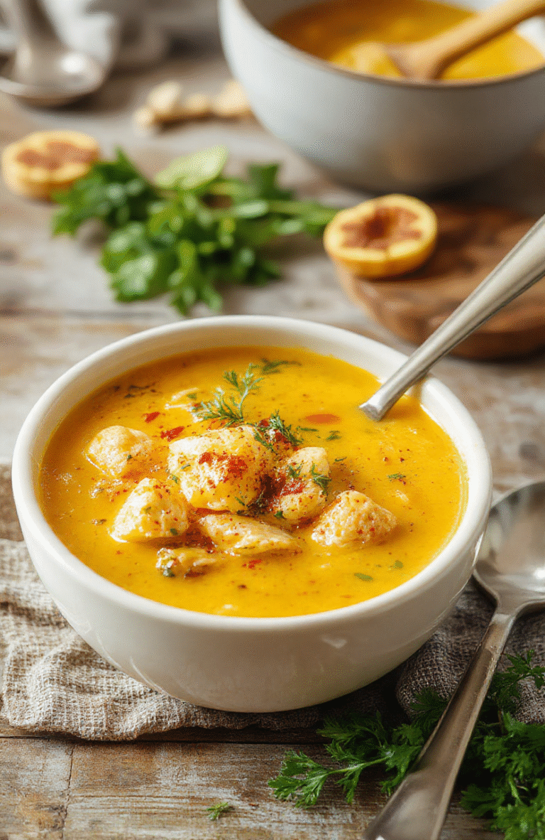 A vibrant bowl of turmeric chicken soup with golden-yellow broth, topped with fresh herbs and black pepper, served in a rustic white bowl on a wooden table, with visible chunks of chicken, vegetables, and a sprinkling of turmeric powder for color and flavor.