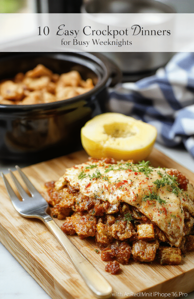 A rustic ceramic crockpot centered on a wooden counter, lid slightly ajar revealing tender pulled chicken, carrots, and potatoes simmering in golden broth, garnished with fresh parsley, steam rising subtly, soft natural daylight from a nearby window casting gentle shadows, casual wooden spoon resting on edge of lid.