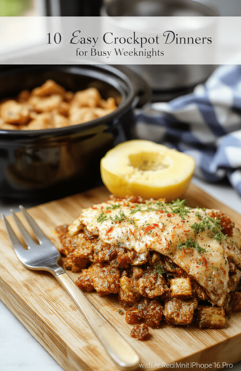 A rustic ceramic crockpot centered on a wooden counter, lid slightly ajar revealing tender pulled chicken, carrots, and potatoes simmering in golden broth, garnished with fresh parsley, steam rising subtly, soft natural daylight from a nearby window casting gentle shadows, casual wooden spoon resting on edge of lid.