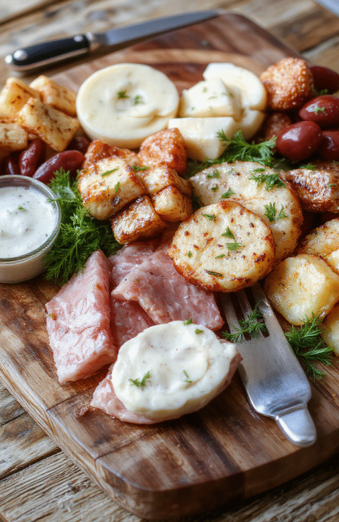 A rustic wooden board filled with an attractive arrangement of cured meats like prosciutto and salami, aged cheddar and brie cheese wedges, roasted red peppers, green grapes, dried figs, olives, honey drizzle, and crackers, with soft natural lighting and a cozy, inviting background.