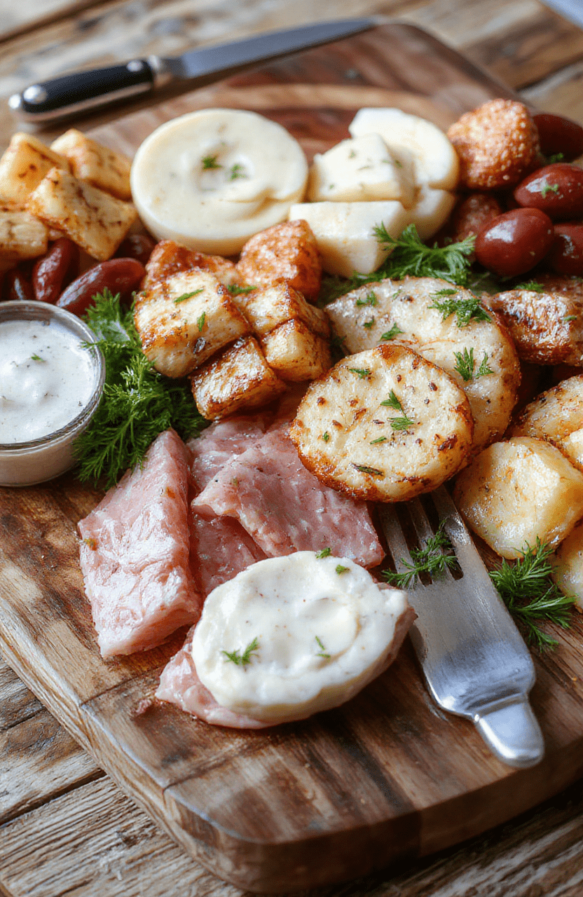 A rustic wooden board filled with an attractive arrangement of cured meats like prosciutto and salami, aged cheddar and brie cheese wedges, roasted red peppers, green grapes, dried figs, olives, honey drizzle, and crackers, with soft natural lighting and a cozy, inviting background.