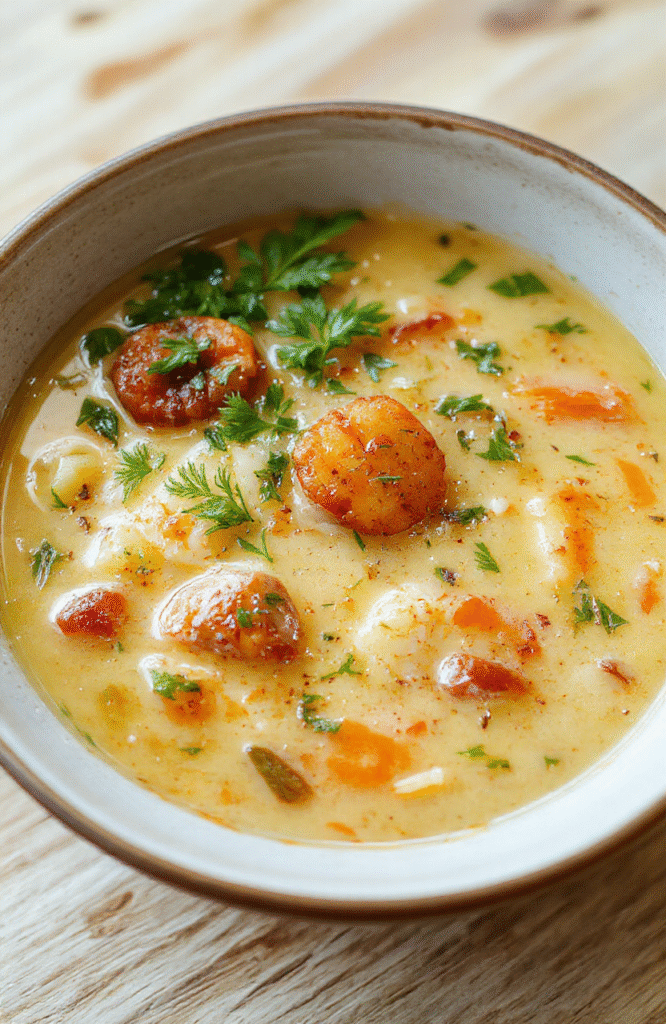 Hearty clear golden broth soup in a rustic white ceramic bowl, garnished with fresh parsley, thin carrot coins, celery slices, and tender chicken shreds, steam rising, placed on a light oak wooden table with soft natural light casting gentle shadows.
