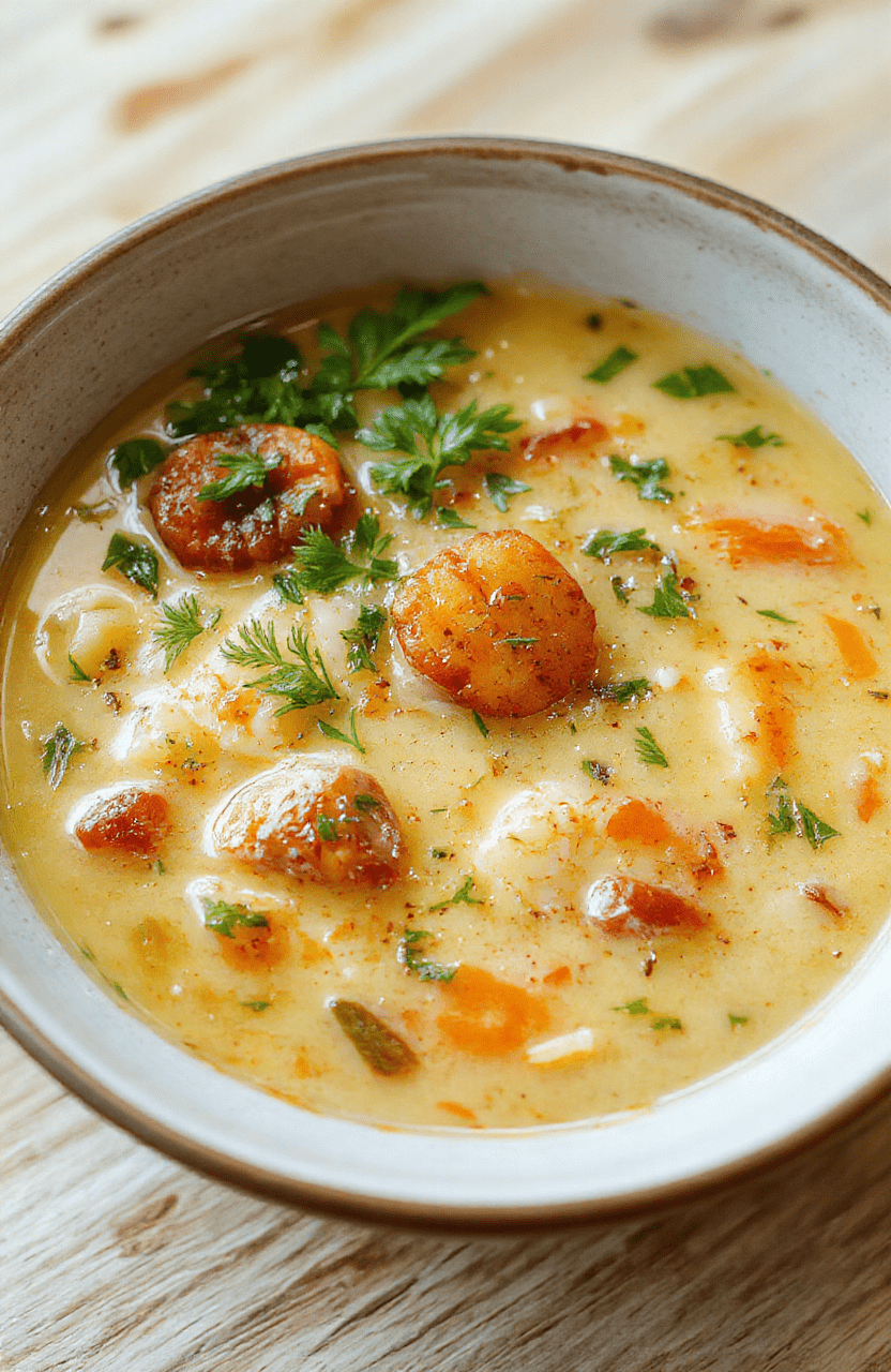 Hearty clear golden broth soup in a rustic white ceramic bowl, garnished with fresh parsley, thin carrot coins, celery slices, and tender chicken shreds, steam rising, placed on a light oak wooden table with soft natural light casting gentle shadows.