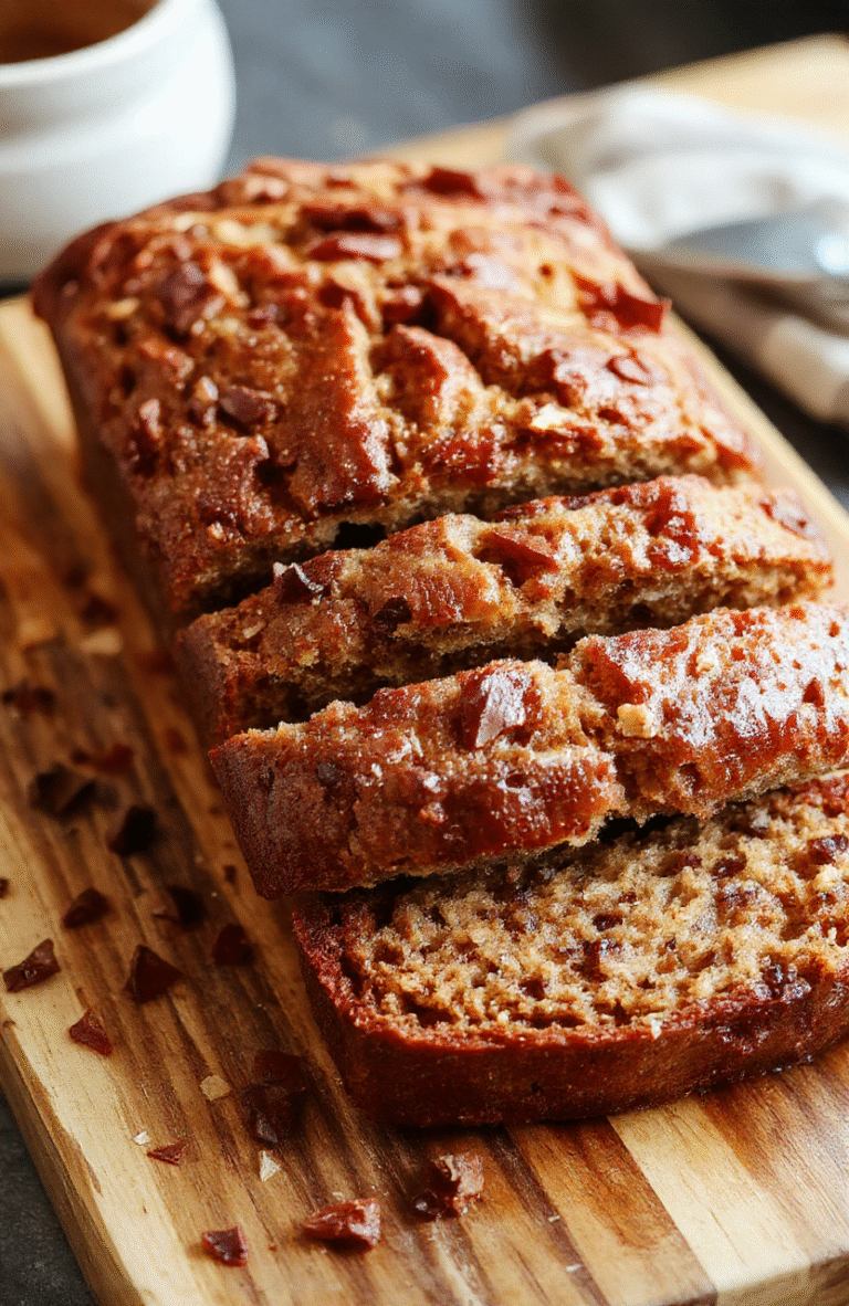 A golden-brown, perfectly baked banana bread loaf resting on a clean wooden cutting board, sliced to reveal a tender, moist crumb with visible banana streaks and a light caramelized crust, dusted lightly with powdered sugar and accompanied by three ripe yellow bananas and a drizzle of melted butter on the side