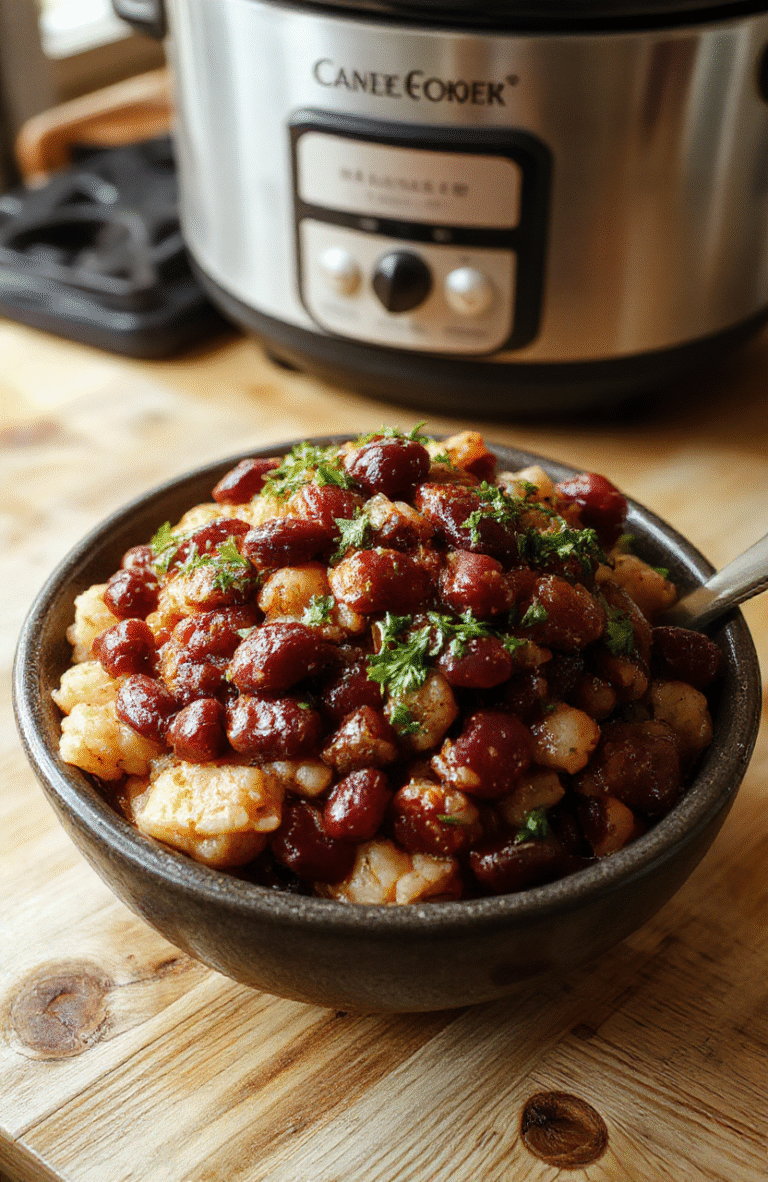 A steaming bowl of creamy red beans and rice topped with sliced green onions and a drizzle of hot sauce, served in a rustic ceramic bowl on a light wooden table, with visible rice grains and tender beans, garnished with fresh parsley and a side of crusty French bread, in natural daylight.