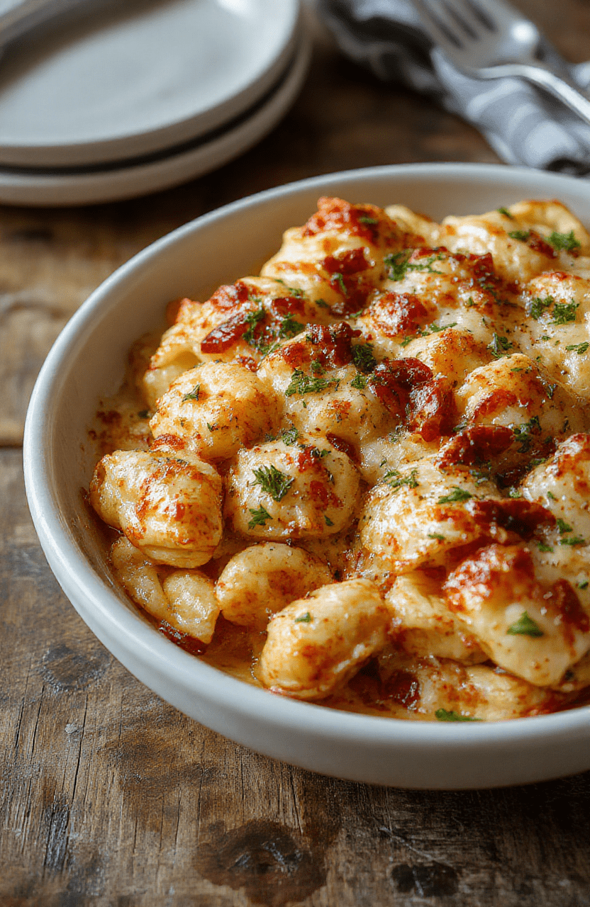 Golden-brown cheesy baked tortellini casserole in a deep ceramic dish, topped with melted mozzarella and parmesan, steaming hot, garnished with chopped fresh basil and a sprinkle of red pepper flakes, side of marinara sauce drizzled around the plate.