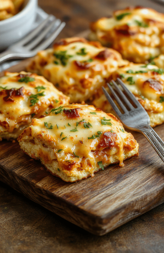 A golden-brown, bubbly cheesy biscuit pizza casserole in a deep baking dish, topped with melted mozzarella, pepperoni slices, green pepper chunks, and a drizzle of marinara. Sides show flaky, buttery biscuit_edges glistening with cheese, served hot with steam rising. Neutral wood board background.