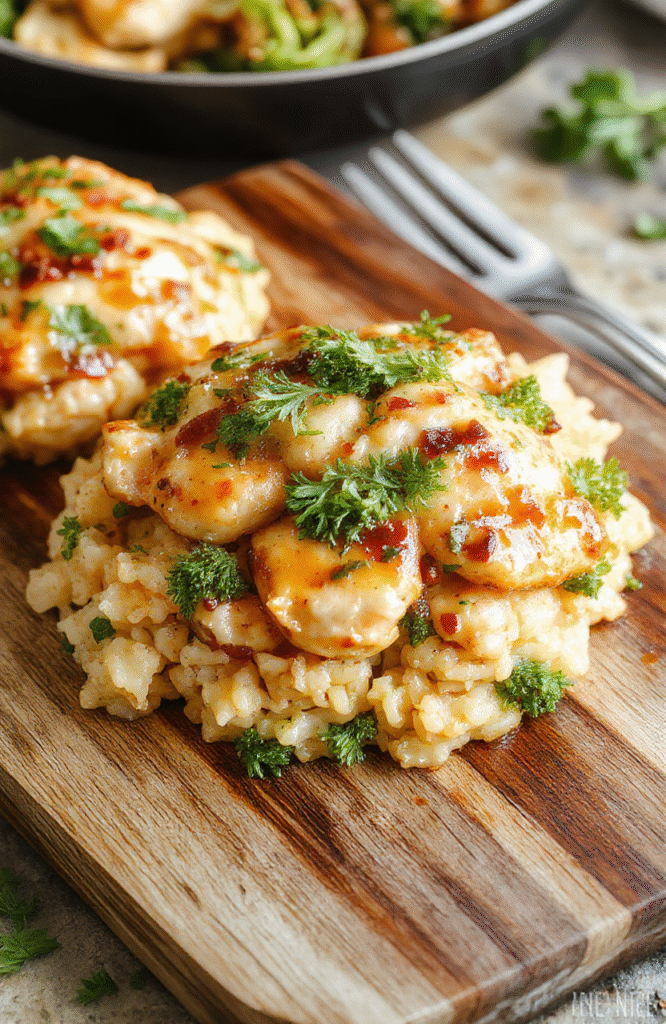 A golden-brown, bubbling casserole of cheesy chicken and broccoli over fluffy yellow rice, garnished with fresh parsley and a sprinkle of grated cheddar, served in a rustic ceramic dish against a soft-focused kitchen background.