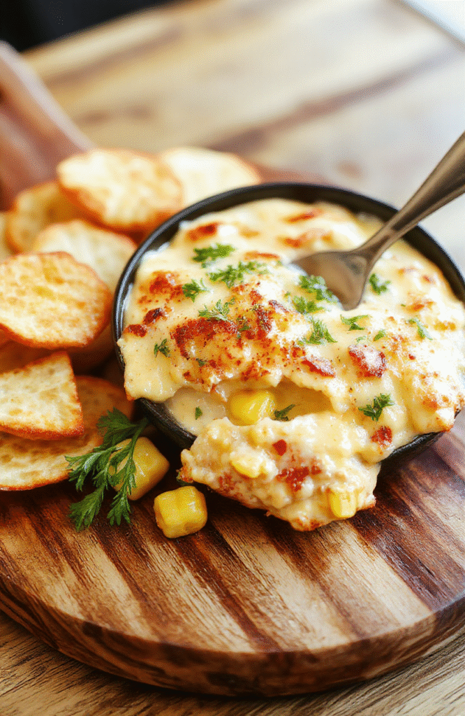 Golden-brown cheesy corn dip in a rustic ceramic bowl, topped with melted cheddar, fresh cilantro, and red onion bits, served with tortilla chips on a wooden board, soft natural lighting, shallow depth of field, lower third clear for text overlay.