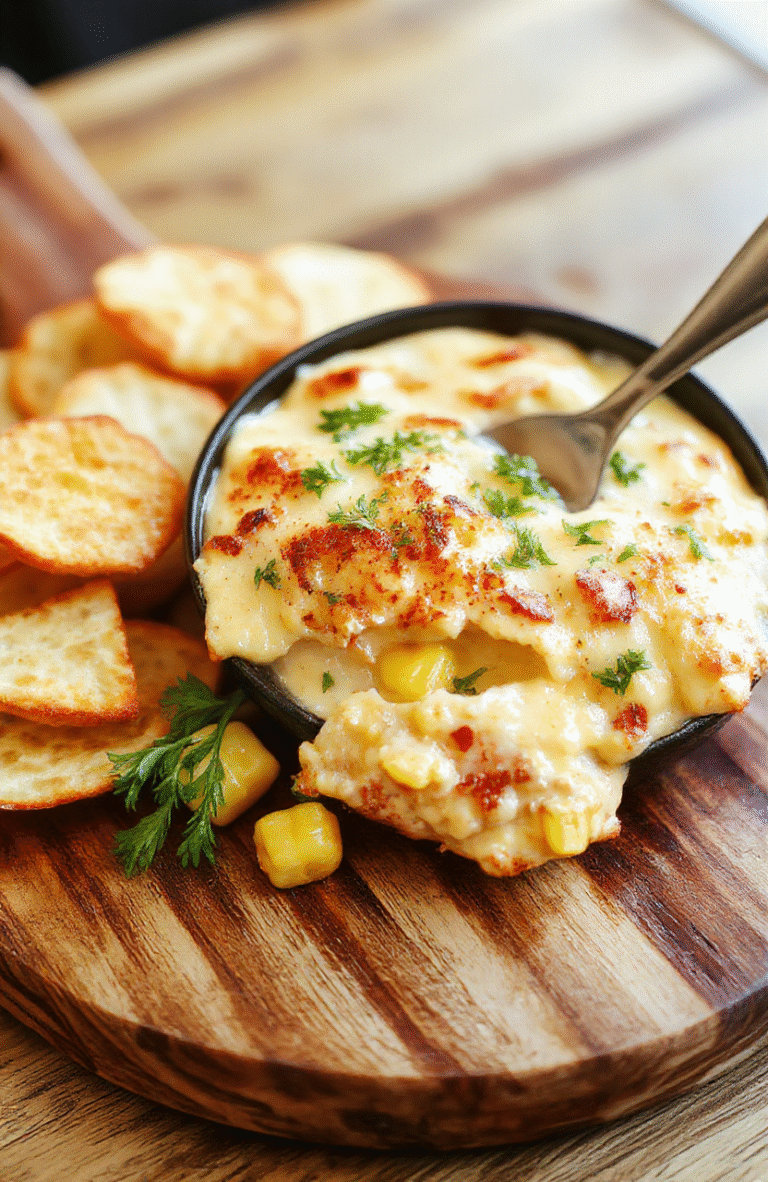 Golden-brown cheesy corn dip in a rustic ceramic bowl, topped with melted cheddar, fresh cilantro, and red onion bits, served with tortilla chips on a wooden board, soft natural lighting, shallow depth of field, lower third clear for text overlay.