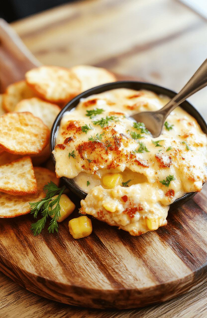 Golden-brown cheesy corn dip in a rustic ceramic bowl, topped with melted cheddar, fresh cilantro, and red onion bits, served with tortilla chips on a wooden board, soft natural lighting, shallow depth of field, lower third clear for text overlay.